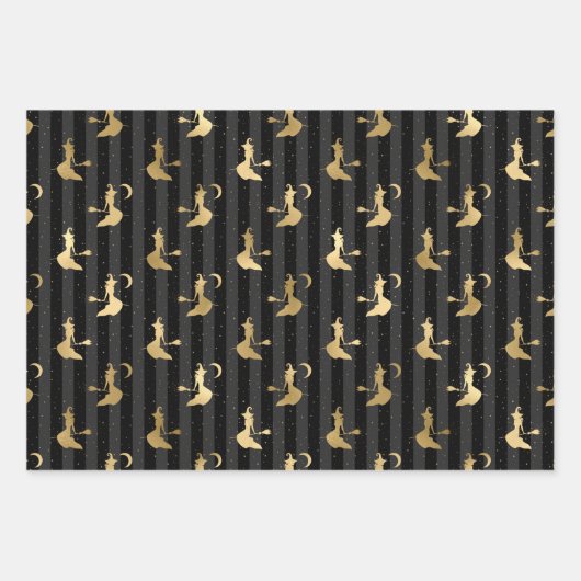 Black & Gold Hexe, Monde & Pumpkins Halloween Geschenkpapier Set (Vorderseite 3)