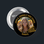 Black Gold High School Cheerleader Photo Button<br><div class="desc">This cool customized high school cheerleader photo gift features your name in gold on a black button with a CHEER megaphone. Personalize with your student's photograph and class year as a proud cheerleading parent. A mom and dad can wear these buttons to competition and games.</div>