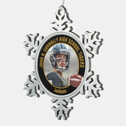 Black Gold High School Football Player Photo Schneeflocken Zinn-Ornament (Rechts)