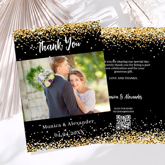 Black Gold Hochzeit Foto QR-Code danke Karte