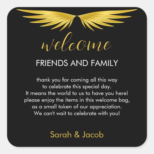 Black Gold Hochzeit Willkommensgeschenk-Tasche Quadratischer Aufkleber (Vorderseite)