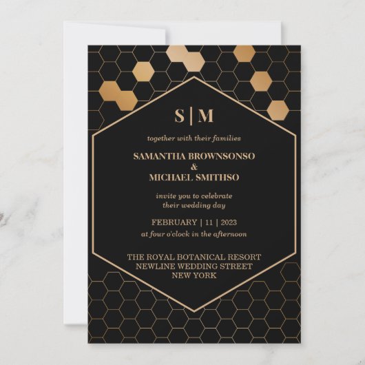 Black Gold Honeycomb Wedding Einladung (Vorderseite)