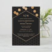 Black Gold Honeycomb Wedding Einladung (Stehend Vorderseite)