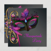 Black Gold Hot Pink Masquerade Party Einladung (Vorne/Hinten)