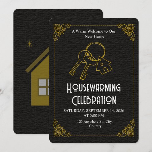 Black Gold Housewarming Invitation Editable Einladung (Vorne/Hinten)