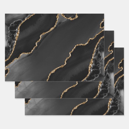 Black & Gold Imitate Glitzer Agate Geschenkpapier Set (Set)