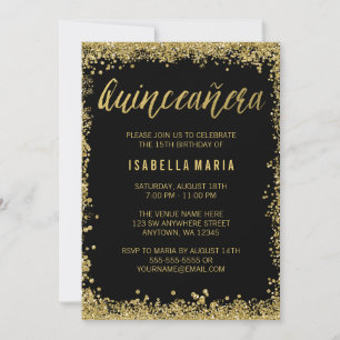 Black Gold Imitate Glitzer Quinceanera 15. Geburts Einladung