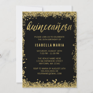 Black Gold Imitate Glitzer Quinceanera 15. Geburts Einladung