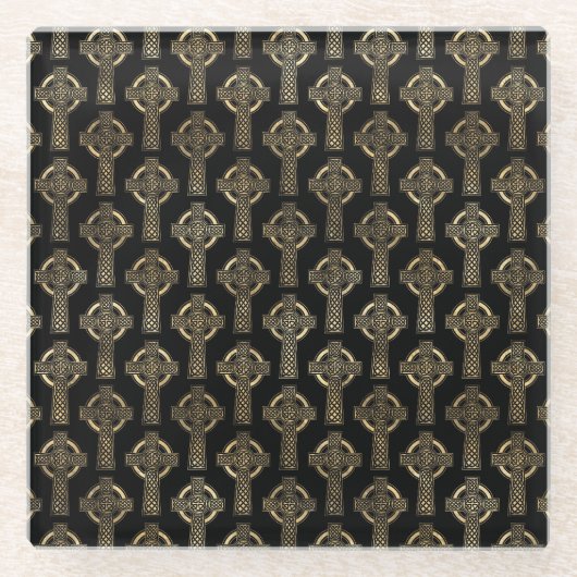 BLACK & GOLD IRISH CELTIC KNOTS & CROSSES GLASUNTERSETZER (Vorderseite)