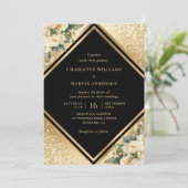 Black Gold Ivory Cream Confetti Floral Wedding Einladung (Stehend Vorderseite)