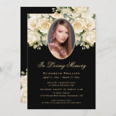 Black Gold Ivory Floral Foto Beerdigung Gedenkstät Einladung (Vorne/Hinten)