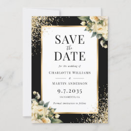 Black Gold Ivory Rose Confetti Floral Wedding Save The Date