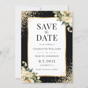 Black Gold Ivory Rose Confetti Floral Wedding Save The Date