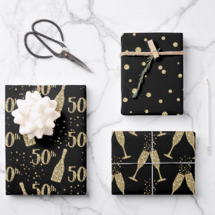Black Gold Jeweled Champagne 50. Celebration Geschenkpapier Set
