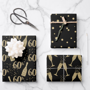 Black Gold Jeweled Champagne 60. Celebration Geschenkpapier Set