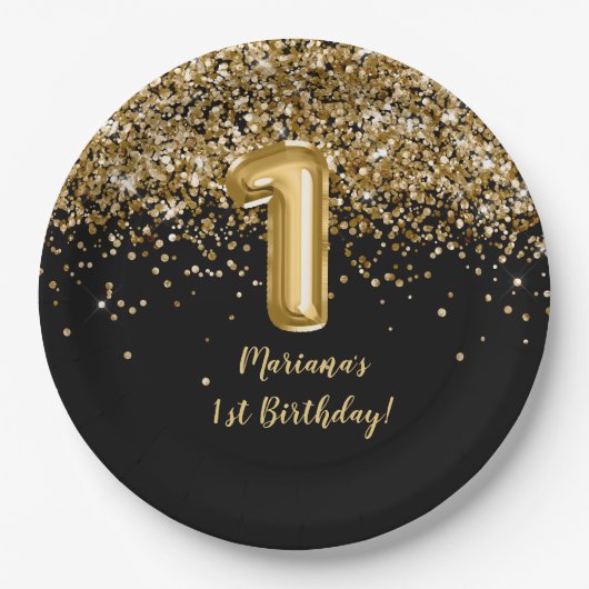 Black Gold Kids Girl 1. Geburtstag Party Pappteller (Vorderseite)
