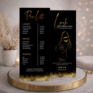 Black & Gold Lash Tech Preisliste | Luxus Schönhei Werbekarte