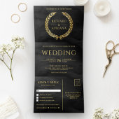 Black Gold Laurel Minimal All in One Wedding Dreifach Gefaltete Einladung
