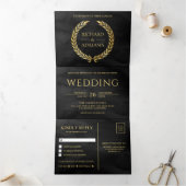 Black Gold Laurel Minimal All in One Wedding Dreifach Gefaltete Einladung (Innenseite)