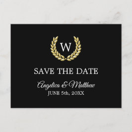 Black Gold Laurel Monogram SAVE THE DATE Hochzeit Ankündigungspostkarte