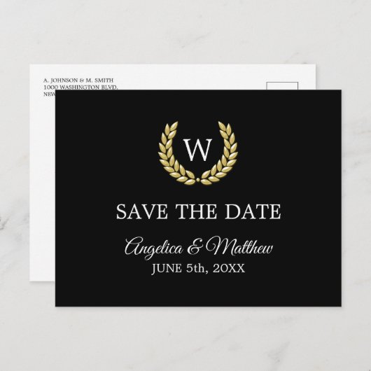 Black Gold Laurel Monogram SAVE THE DATE Hochzeit Ankündigungspostkarte (Vorne/Hinten)