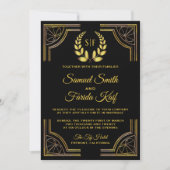 Black Gold Laurel Monogram Wedding Einladung (Vorderseite)
