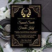 Black Gold Laurel Monogram Wedding Einladung