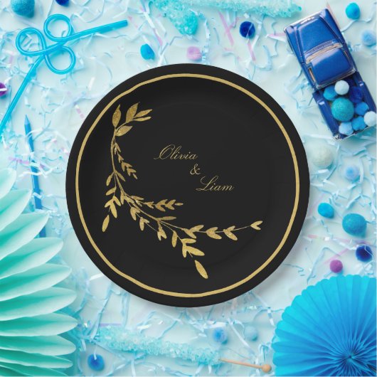Black Gold Leaf Elegante Name Skripthochzeit Pappteller (Party)