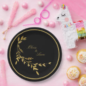 Black Gold Leaf Elegante Name Skripthochzeit Pappteller (Party)