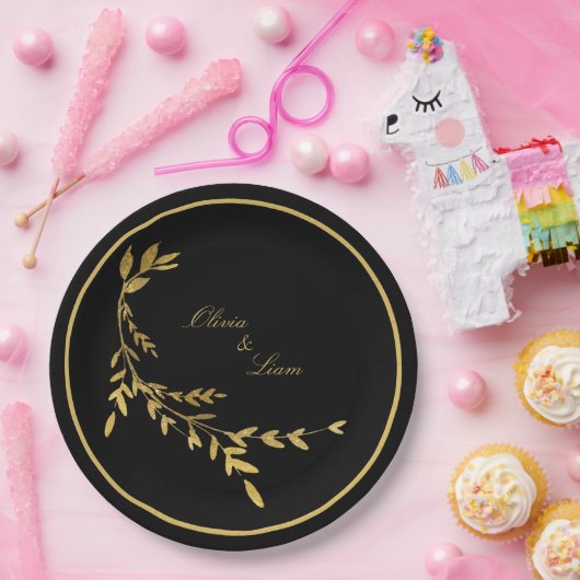 Black Gold Leaf Elegante Name Skripthochzeit Pappteller (Party)