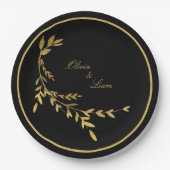Black Gold Leaf Elegante Name Skripthochzeit Pappteller (Vorderseite)