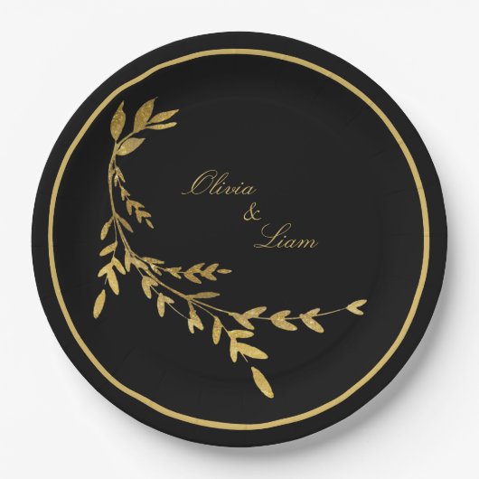 Black Gold Leaf Elegante Name Skripthochzeit Pappteller (Vorderseite)