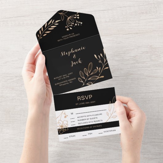 Black & Gold Leaf - Hochzeit All In One Einladung (Abreißen)