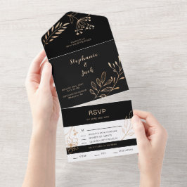 Black & Gold Leaf - Hochzeit All In One Einladung