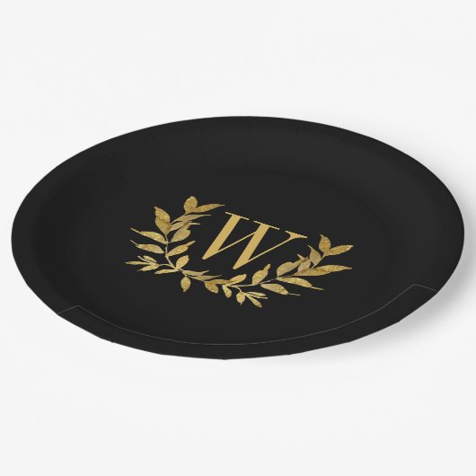 Black Gold Leaf Monogram Elegant Chic Wedding Pappteller (Schrägansicht)