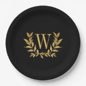 Black Gold Leaf Monogram Elegant Chic Wedding Pappteller (Vorderseite)