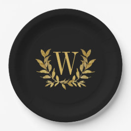 Black Gold Leaf Monogram Elegant Chic Wedding Pappteller