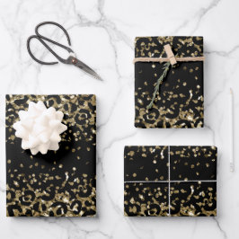 Black Gold Leopard Cheetah Print Glitzer Glam Geschenkpapier Set