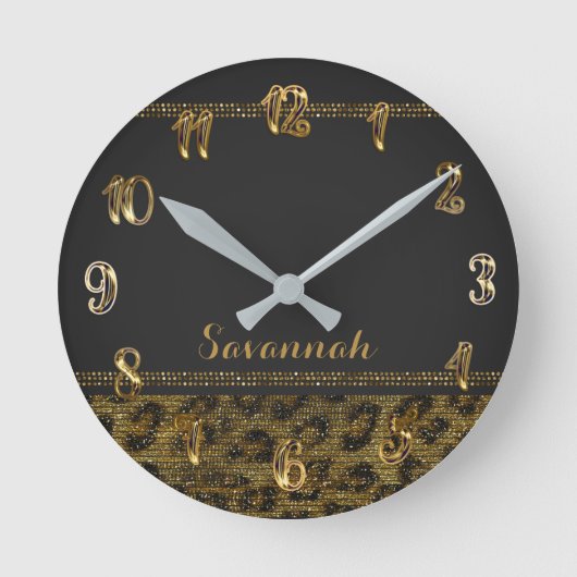 Black & Gold Leopard Cheetah Sequin Glitzer Runde Wanduhr (Vorderseite)