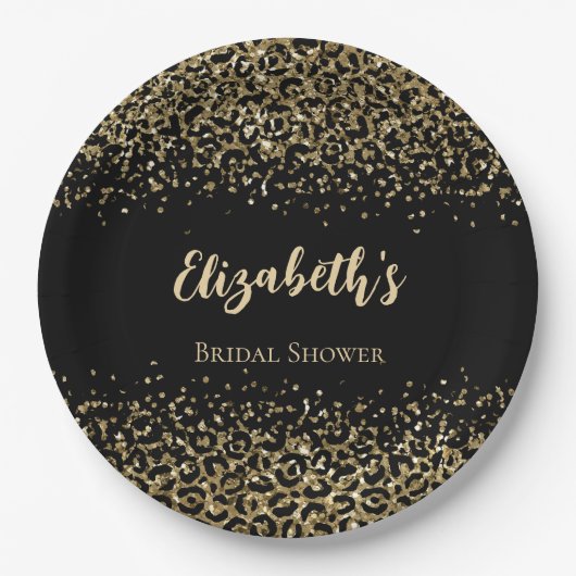Black Gold Leopard Print Glitzer Brautparty Pappteller (Vorderseite)