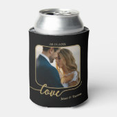 Black Gold Liebe Script Hochzeitszettel Foto Dosenkühler (Kanne Vorderseite)