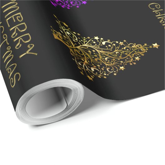 Black Gold Lila Elegantes Weihnachtsbaummuster Geschenkpapier (Rolleneckpunkt)
