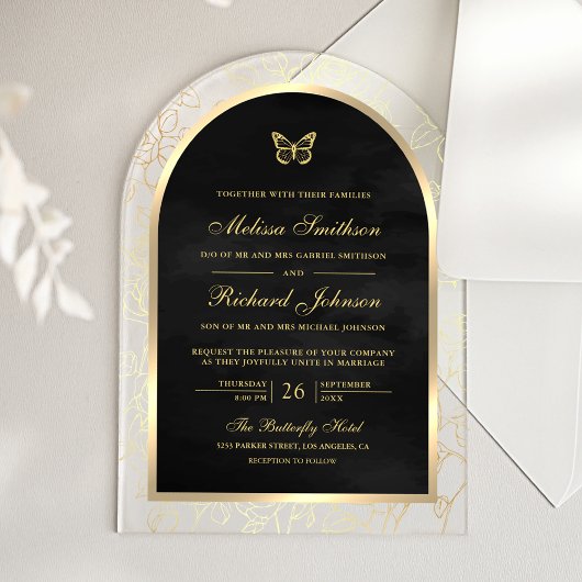 Black Gold Line Art Arch Butterfly Wedding Acryleinladungen
