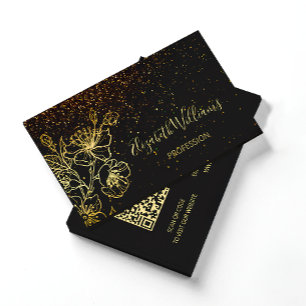 Black Gold Line Art Floral Glitzer QR-Code Visitenkarte