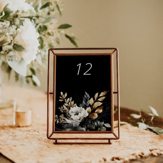 Black Gold Luxe Floral Wedding Table Card Tischnummer
