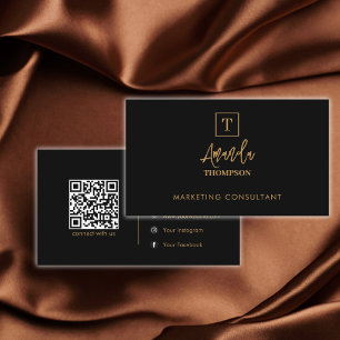 Black Gold Luxe Monogram Social Media QR Code Visitenkarte