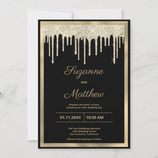 Black gold luxury glitter drips wedding einladung (Vorderseite)
