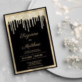 Black gold luxury glitter drips wedding einladung