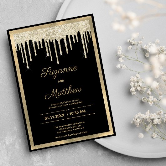 Black gold luxury glitter drips wedding einladung