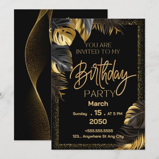 Black Gold Luxury Happy Birthday Party Einladung (Vorne/Hinten)